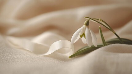 Delicate Snowdrop Flower on Soft Beige Fabric