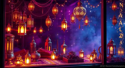 Obraz premium A digital concept of a Ramadan shop window display in an Isekai anime style, depicting lanterns, prayer mats, dates, and incense in deep purples and golds. Expressive composition, soft focus, backgrou