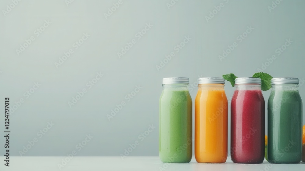 Poster four different colored juice bottles are lined up on a table