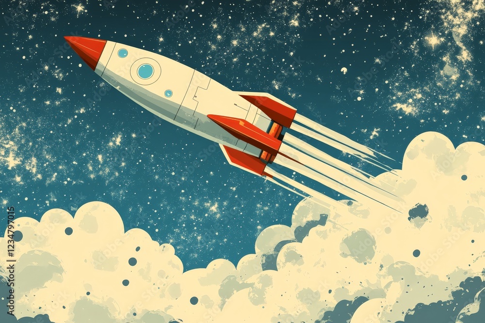 Poster rocket launching into space amidst swirling clouds and sparkling stars at dusk