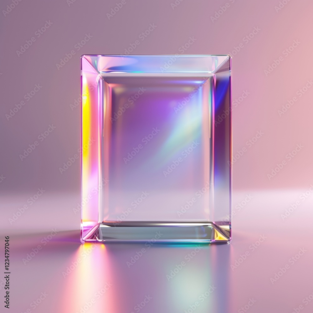 Poster transparent multicolored cube with reflective surface and iridescent light effects