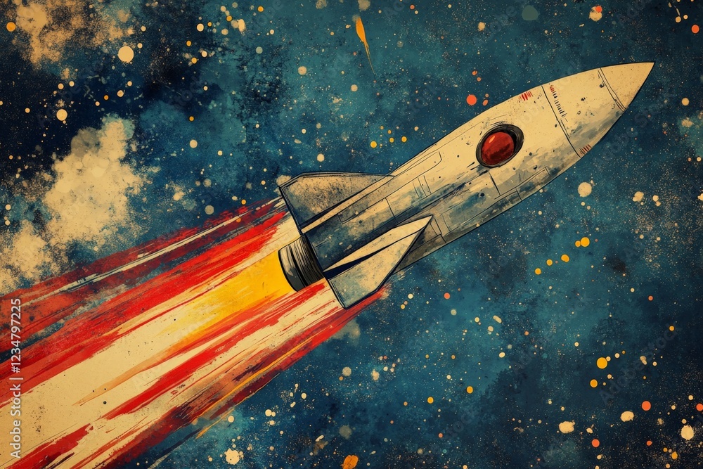 Poster rocket launches into a vibrant space backdrop filled with stars and colorful splashes of paint