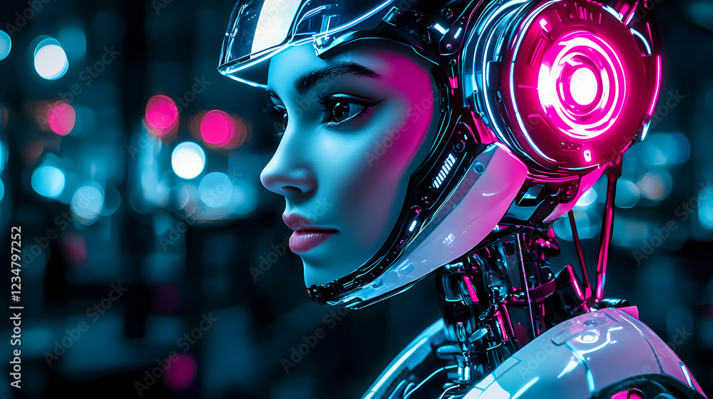 Poster futuristic robotic woman with illuminated features and vibrant colors in a high-tech environment, di