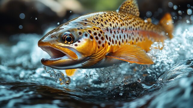 Close-up of a brown trout swimming in the rushing water with a blurred background