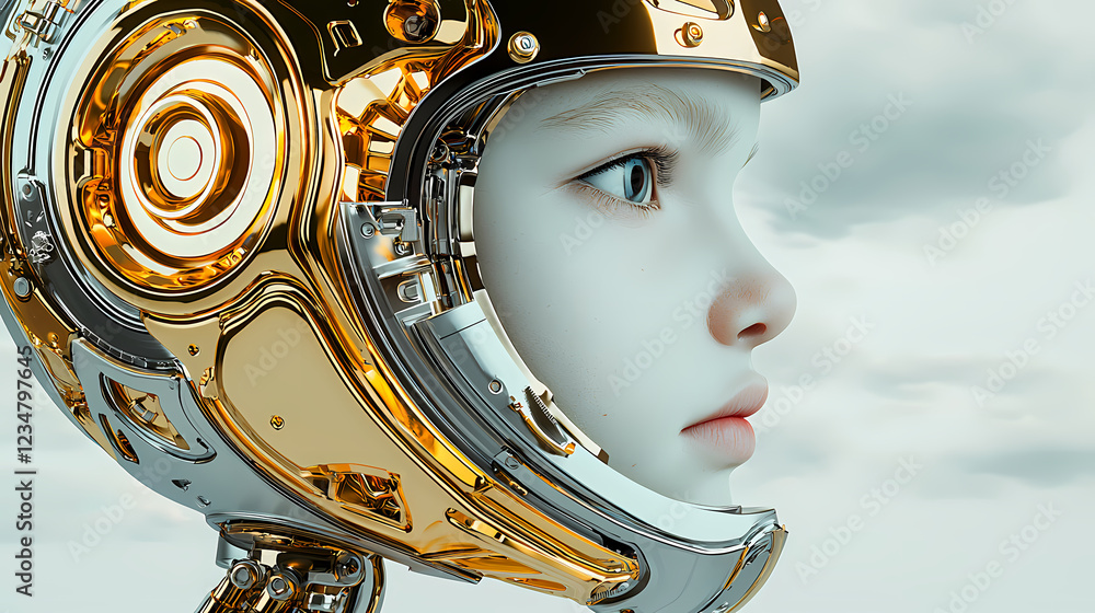 Aufkleber shiny robotic face with golden helmet against a cloudy sky, highlighting futuristic technology and a