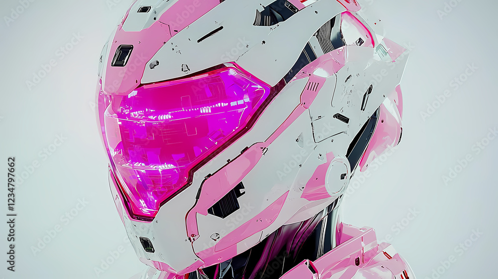 Aufkleber pink robotic helmet with futuristic design, illuminated visor glowing in shades of purple and pink, 