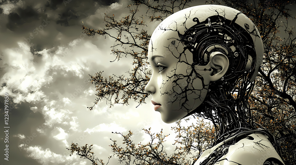 Aufkleber futuristic humanoid robot with intricate circuitry and cracks in its surface against a dramatic clou