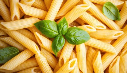 A vibrant pile of cooked penne pasta garnished with fresh basil leaves, showcasing a delightful and appetizing Italian dish.