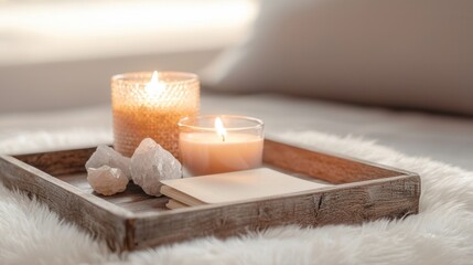 A tray with candles, a book, and crystals on a white rug