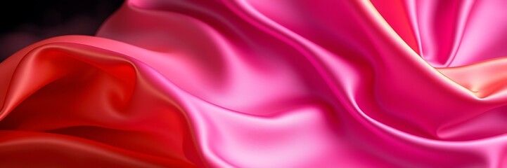 Obraz premium Silk satin fabric in electric vivid colors with a soft focus and hazy background. Soft wavy folds are showcased in a panoramic wide banner against a dark elegant background
