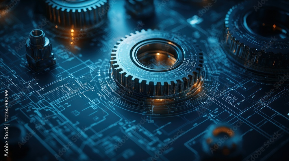 Poster gears rotating on circuit board with glowing lights