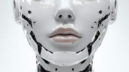 Humanoid robot head with shiny exterior, reaic facial features, and intricate mechanical details, designed for modern technological aesthetics and futuristic applications.