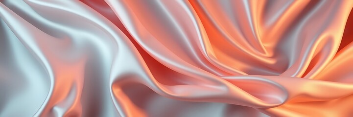 Obraz premium Wide panoramic banner depicting silk satin fabric with soft wavy folds and drapery, showcasing high contrast, low-key lighting, and soft pastel colors against a dark elegant abstract background.