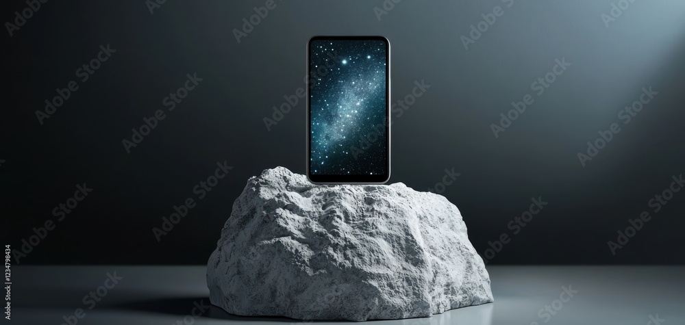 Poster a sleek smartphone with a starry background displayed on a textured rock, creating a contrast betwee