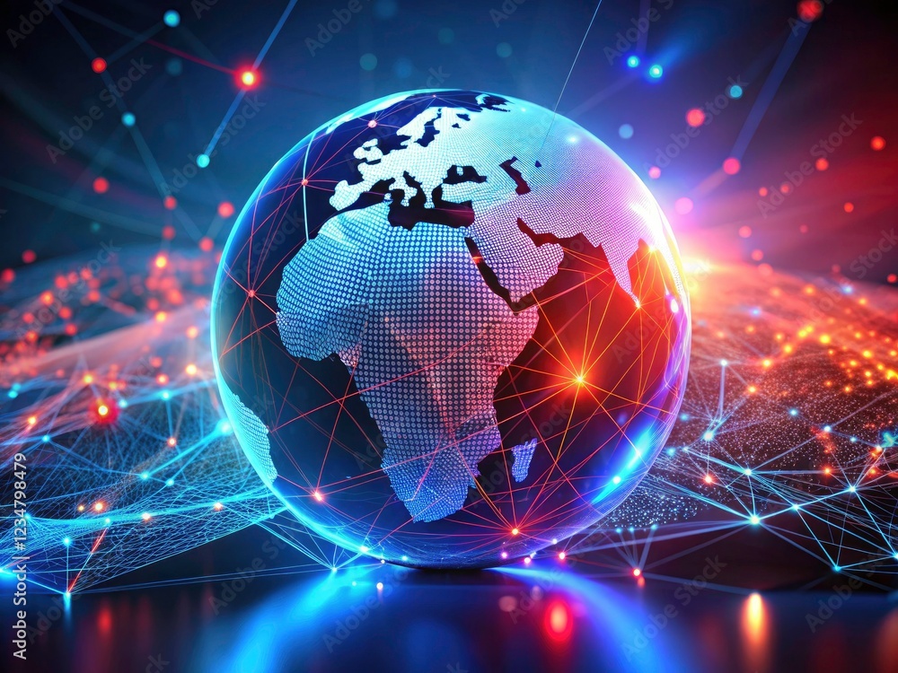 Poster interconnectedness visualized: a blue and red holographic globe pulses with data, representing the f