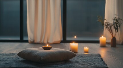 A candlelit room with a white pillow and a few candles
