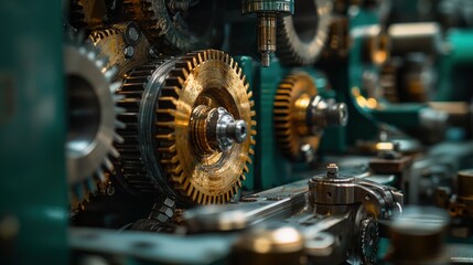 Gears turning in complex machinery, industrial background