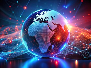 Naklejka premium Interconnectedness visualized: a blue and red holographic globe pulses with data, representing the futuristic global network and digital communication.