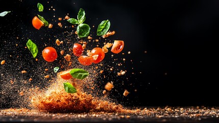 A pile of assorted food items with ripe tomatoes spilling out during a social dining event