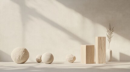 Obraz premium Minimalist beige studio scene with stone spheres, wooden blocks, and a plant in a vase.
