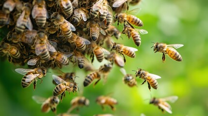 Buzzing bees are actively swarming around a dense cluster near their hive in a lush green garden. Natural light enhances the scene, highlighting their busy activity