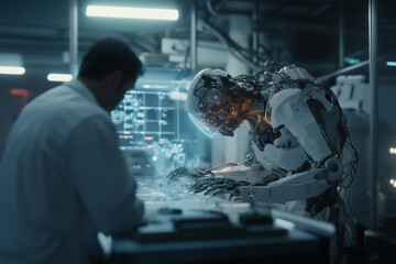 Human and advanced robot collaborate on a project.