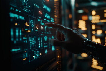 A hand interacts with a futuristic data display.