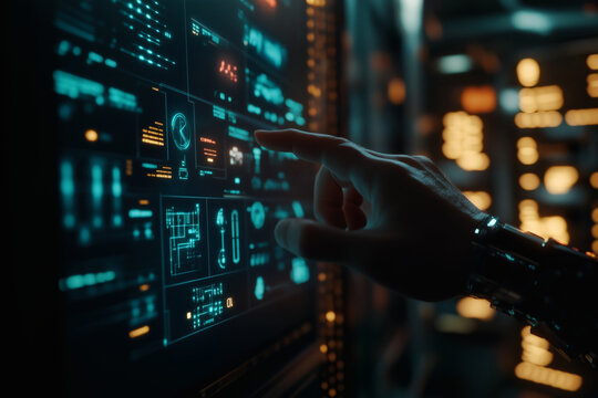A hand interacts with a futuristic data display.