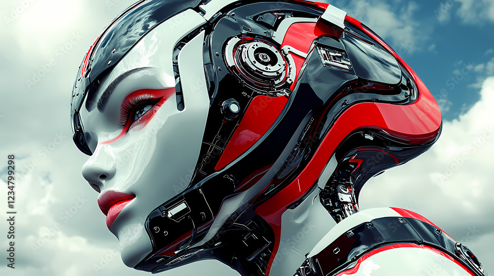Poster synthetic female robot head profile with sleek design and intricate circuitry, highlighted by vibran