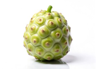 Isolated noni fruit against a stark white; simple, elegant, exotic.