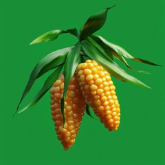 Obraz premium Three ripe ears of corn are suspended, showcasing their golden kernels and lush green husks, creating a striking contrast with the bright green background