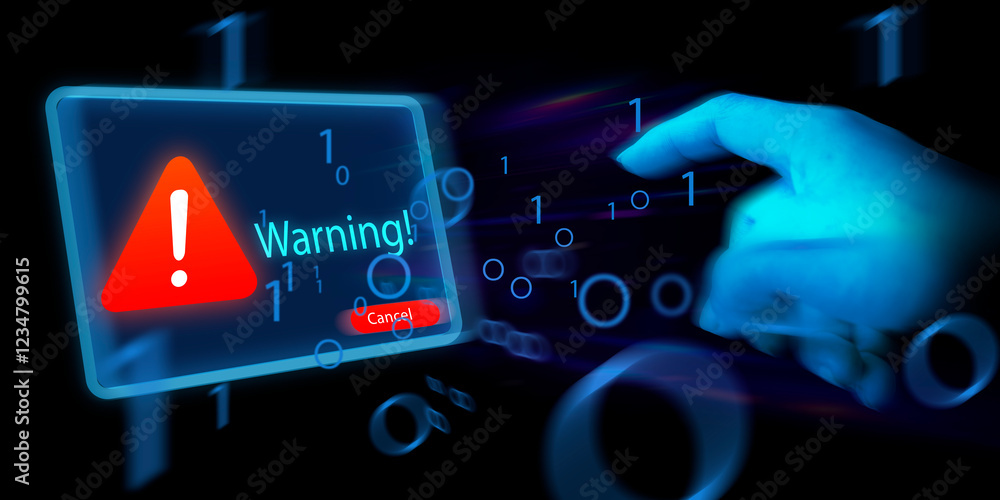 Poster banner system warning hacked alert, cyberattack on computer network compromised information concept