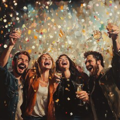 Joyful Friends Celebrating with Confetti in a Festive Setting Group Celebration Vibrant Atmosphere