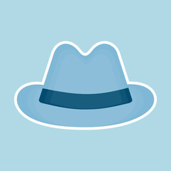 Icon light blue hat with white outline on blue background. Father's Day sticker. Vector illustration. Oktoberfest stickers. Men's accessory. Square bright background.