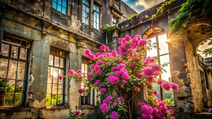 Obraz premium Lagerstroemia speciosa brightens decaying Philippine cityscapes; urban exploration photography captures its beauty.