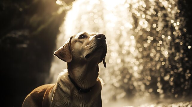 A golden Labrador retriever gazing upward with soft light streaming from a nearby waterfall, creating a serene and tranquil atmosphere
