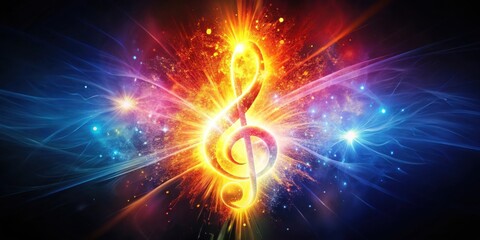 Fototapeta premium A Glowing Treble Clef Symbol Explodes With Vibrant Energy, Surrounded by Sparkling Dust and Bright Light Streaks