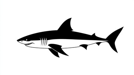 Naklejka premium Black and white illustration of a shark, side profile, isolated on white background.