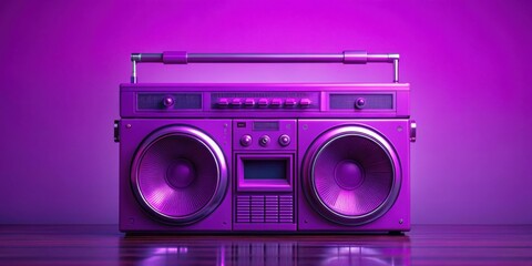Fototapeta premium A vibrant purple retro boombox sits on a wooden surface against a matching purple backdrop, ready to blast out classic tunes.