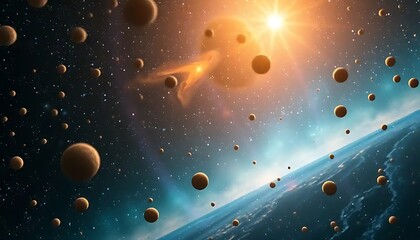 Obraz premium Celestial Bodies Orbiting A Bright Star In Space