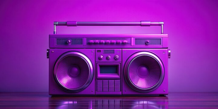 A vibrant purple retro boombox sits on a wooden surface against a matching purple backdrop, ready to blast out classic tunes. - Powered by Adobe