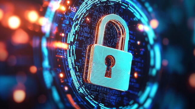 Cyber Security Lock: A  metallic padlock, radiating a sense of safety and security, sits in the center of a  glowing digital  circle.