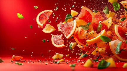 Colorful assortment of sliced fruits including oranges kiwis strawberries and apples arranged on a wooden surface