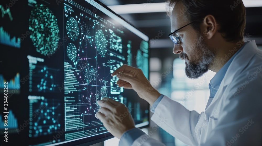 Poster scientist analyzing data on a computer screen