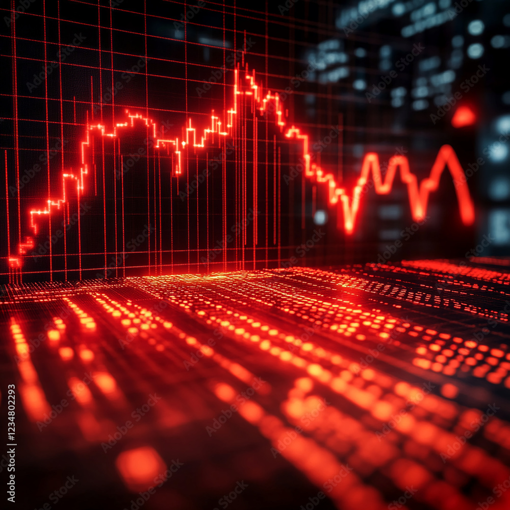 Poster close-up of a digital financial chart with glowing red and orange lines, showcasing market trends an