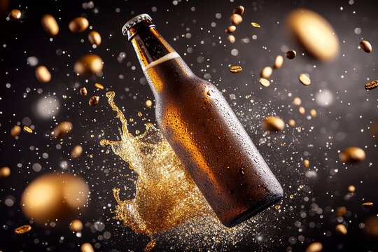 Golden Hour Beer Splash: A bottle of amber beer frozen mid-air, with a dramatic splash of liquid and glistening golden particles cascading around it.