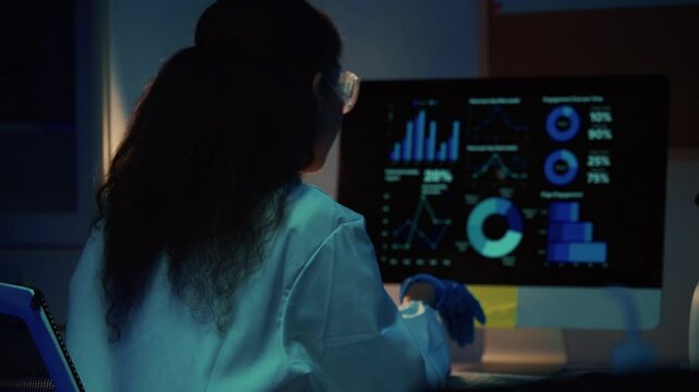 Female scientist wearing lab coat and protective glasses works diligently in dark laboratory, analyzing data displayed on computer screen, showcasing dedication to research