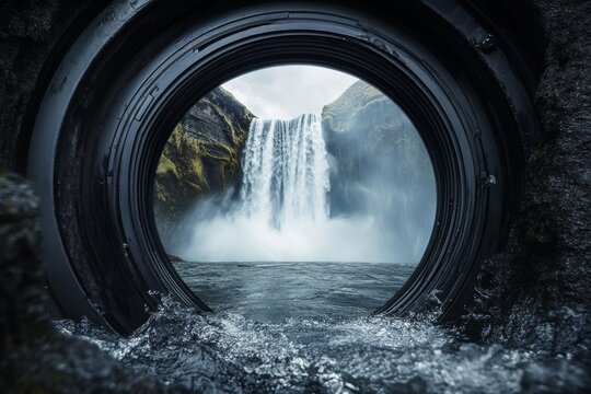 Majestic waterfall through camera lens with flowing water detail