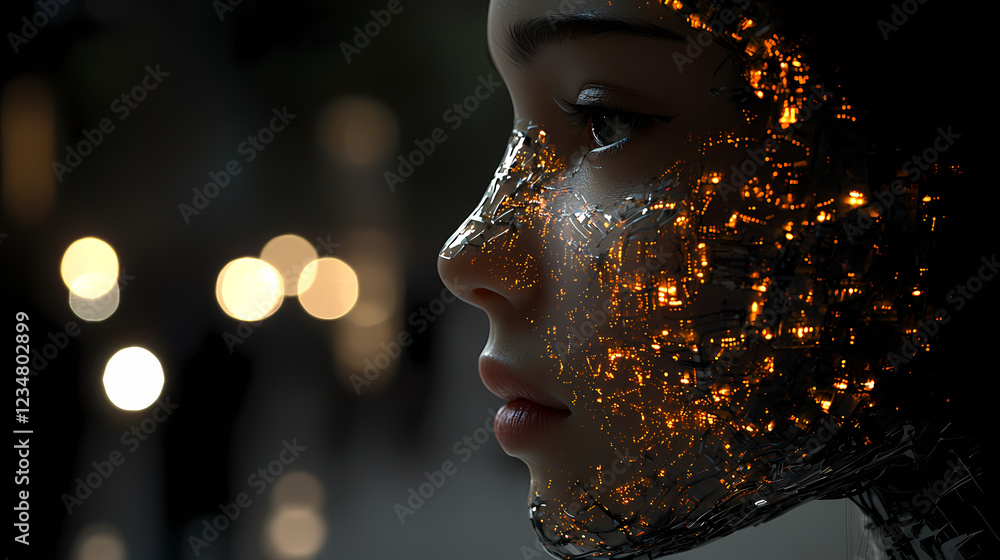 Poster artificial human-like robot profile illuminated with glowing circuits, futuristic design showcasing 