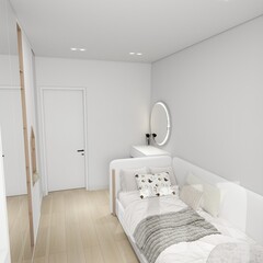 The image showcases a serene and minimalist bedroom featuring a white bed with neutral bedding, a circular mirror, and simple, clean design elements